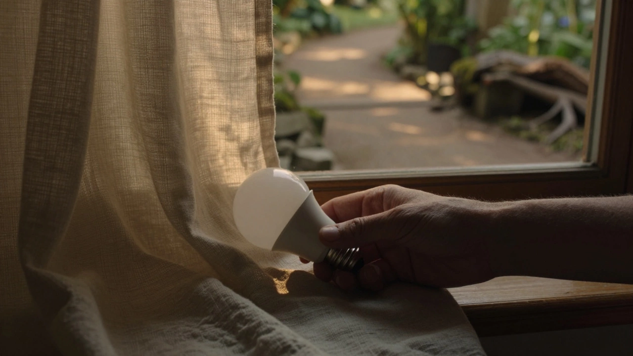 Рука оборачивает лампу льняной тканью, создавая тёплый, рассеянный свет для сада.