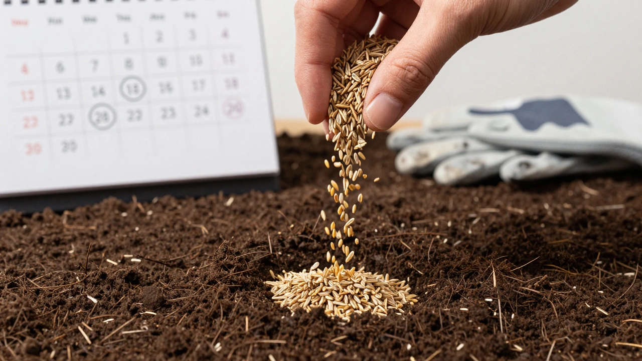 Рука засевает смесь трёх видов травы в подготовленную почву с мульчей.