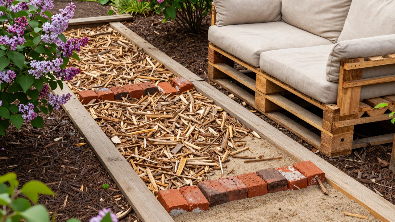 Садовая дорожка из щепы и диван из паллет в стиле эко