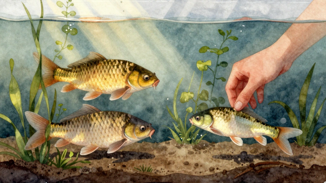 Сбалансированная экосистема пруда: разные виды рыб и растения в гармонии под солнечными лучами.