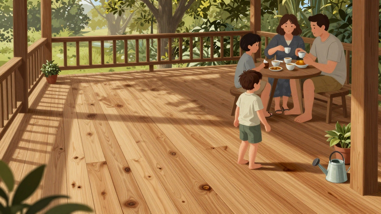Семья на террасе из термодревесины, пьёт чай под деревьями, босиком по тёплому полу.