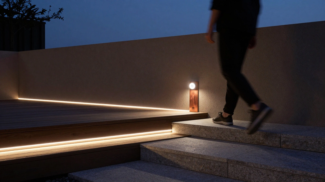 Скрытые светодиодные ленты под террасой создают мягкое свечение, а умный фонарь включается при движении.