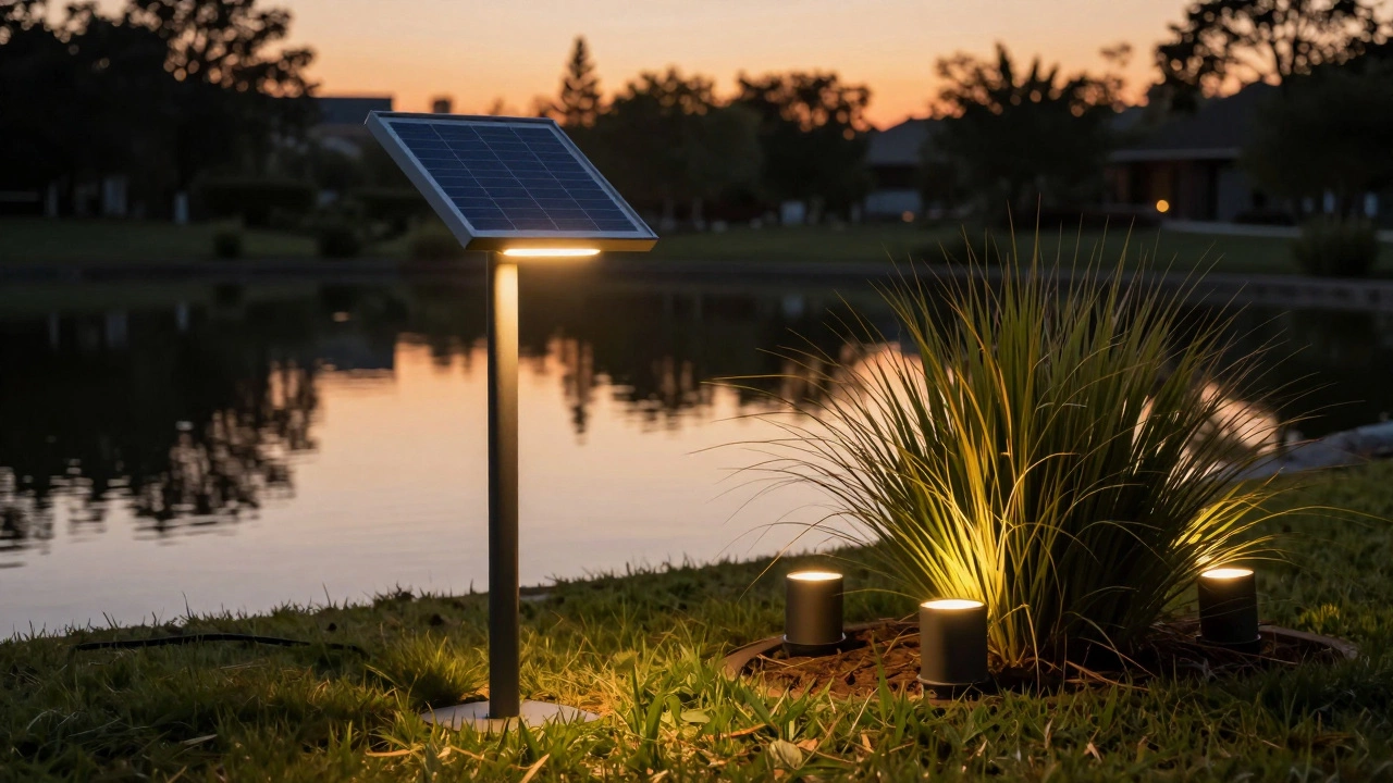 Солнечный фонарь у пруда излучает теплое свечение, отражаясь в воде, без ярких цветов и проводов.