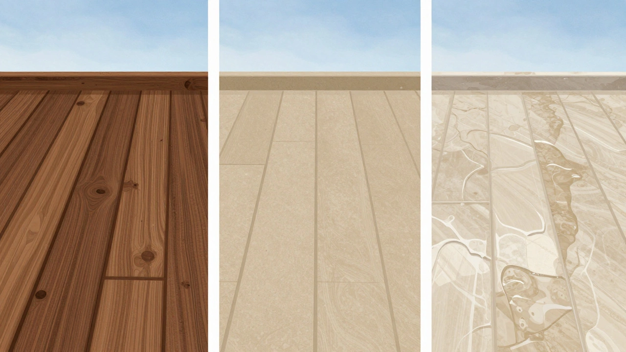 Три типа покрытий для веранды: морилка, акриловая эмаль и полиуретановый наливной пол, показанные рядом для сравнения текстур.