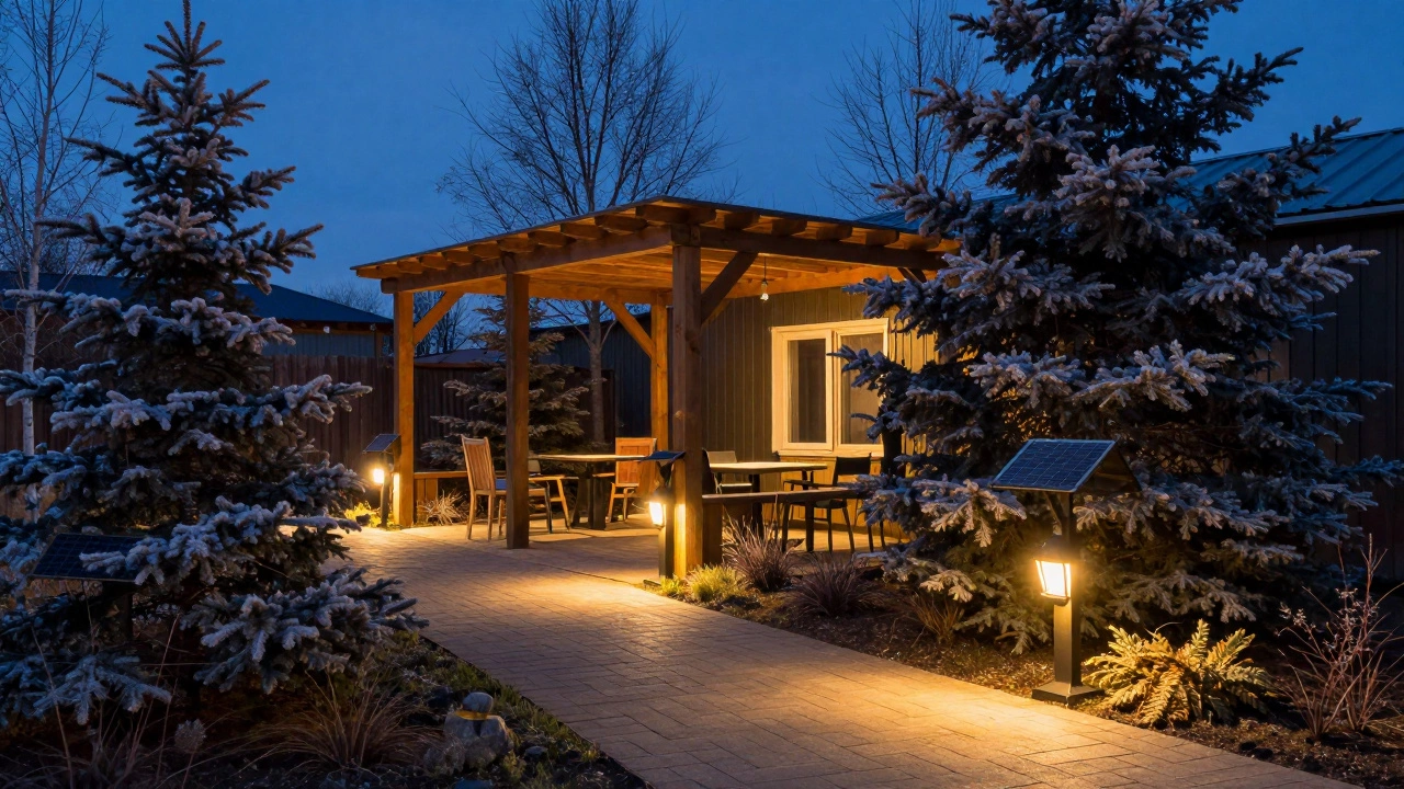 Уютный сад вечером с теплым светом солнечных фонарей