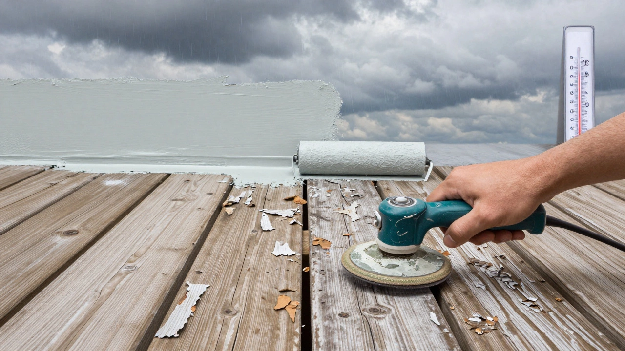 Восстановление пола веранды: снятие старой краски и нанесение нового покрытия при идеальной температуре.