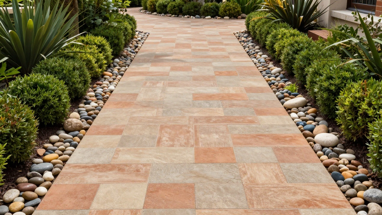 Бетонная дорожка, облицованная клинкерной плиткой с бордюром из речной гальки