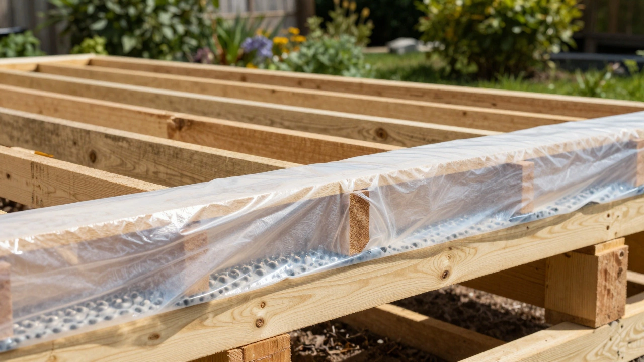 Деревянный каркас террасы с установленной диффузионной мембраной и дренажными матами