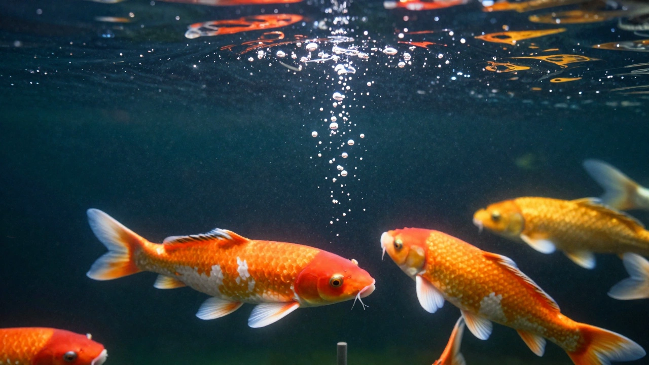 Крупные яркие карпы кои в глубоком чистом пруду с пузырьками аэратора