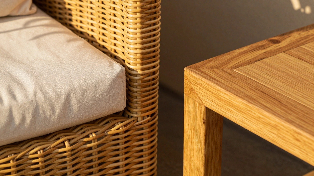 Крупный план текстур искусственного ротанга, тикового дерева и водоотталкивающей ткани