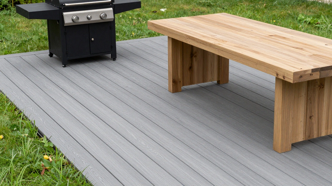 Пол из серого ДПК с тяжелым грилем и массивным столом на открытом воздухе