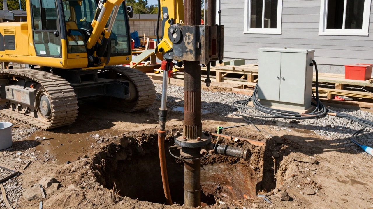 Процесс бурения скважины и установка электрощитка на строительной площадке