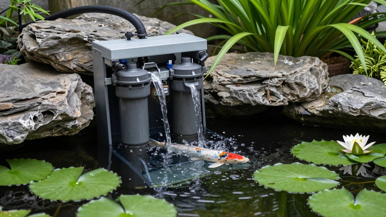 Профессиональная система фильтрации пруда для кои, скрытая среди камней и растений