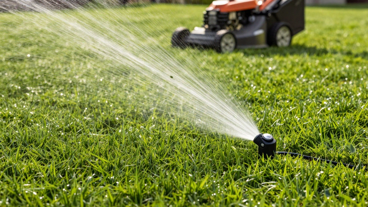 Работа автоматического полива на густом зеленом газоне с полосами от стрижки