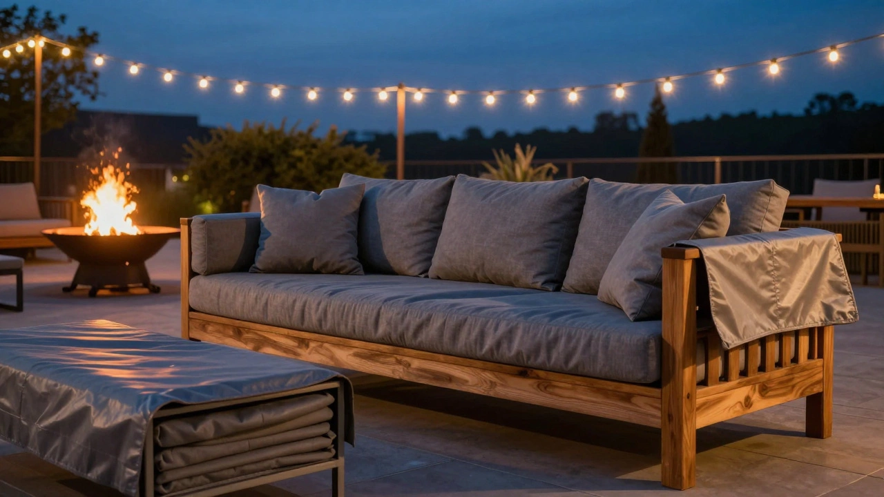 Уютная зона отдыха с диваном из термодревесины в вечернем саду