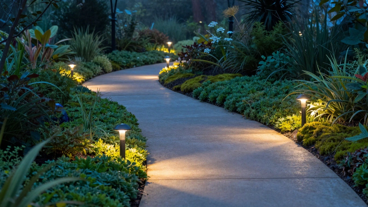 Вечерний вид садовой дорожки с мягким озеленением по краям и солнечными светильниками